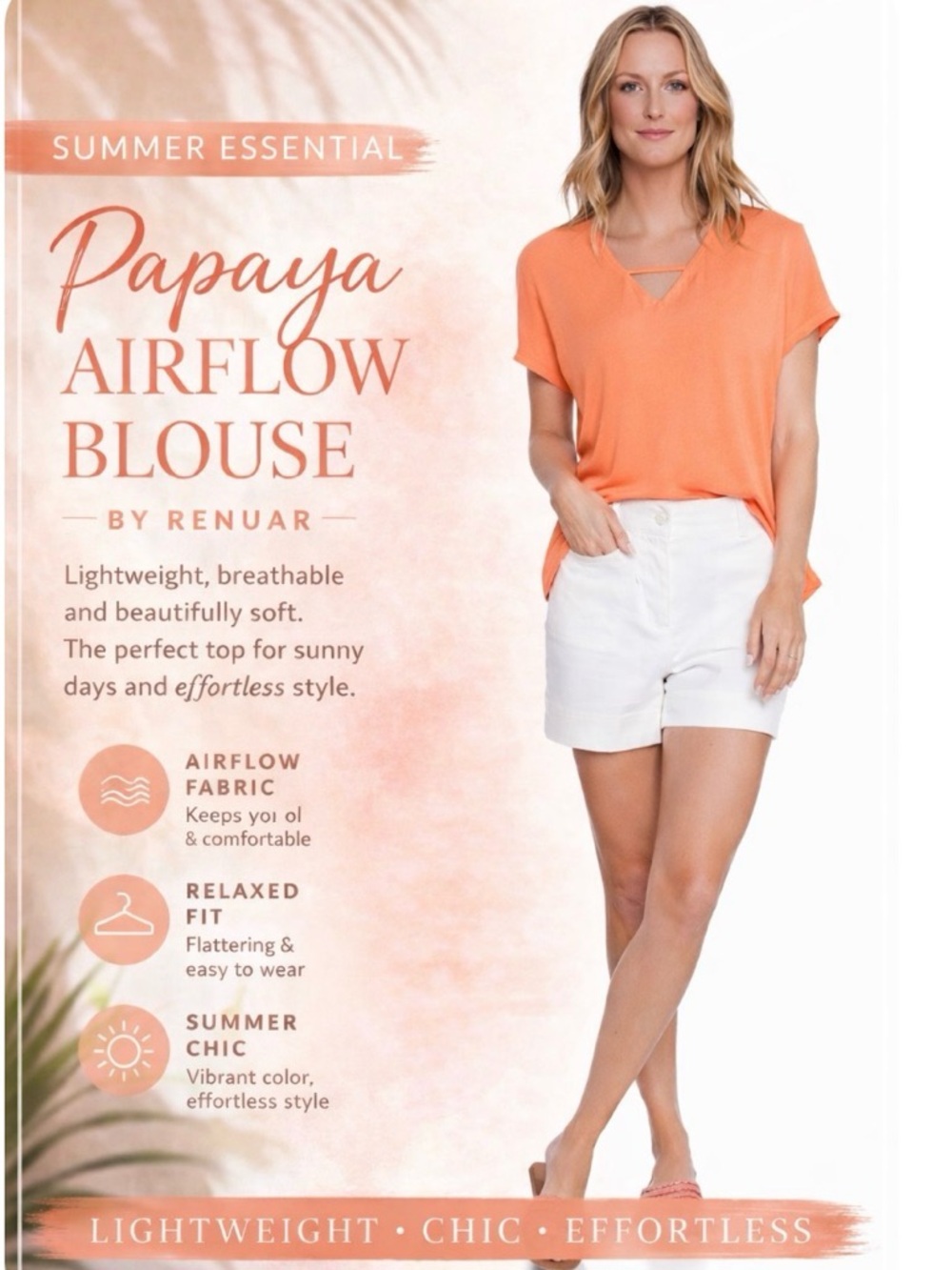 Renuar Papaya Double Front Airflow Top Soft V-Neck Blouse Chic Summer